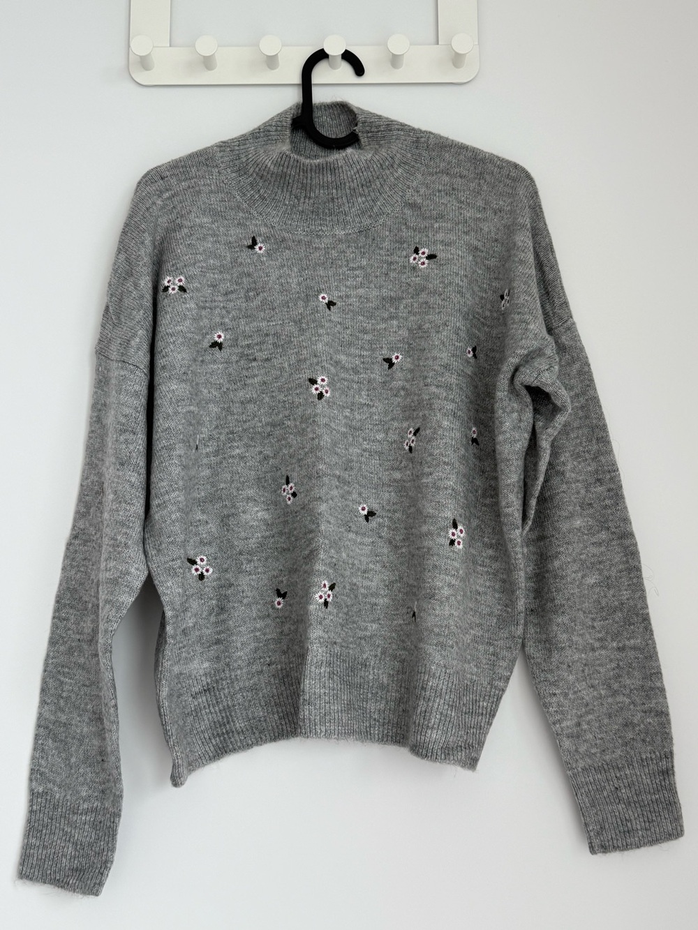Floral Embroidered Grey Mock Neck Sweater